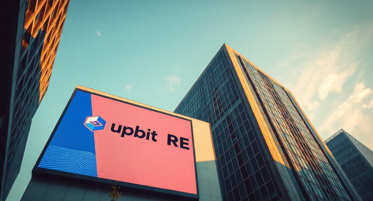Upbit exchange building in Seoul with digital billboard displaying RE token listing announcement