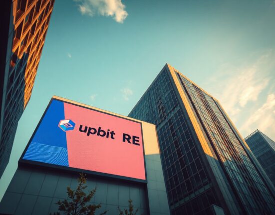 Upbit exchange building in Seoul with digital billboard displaying RE token listing announcement