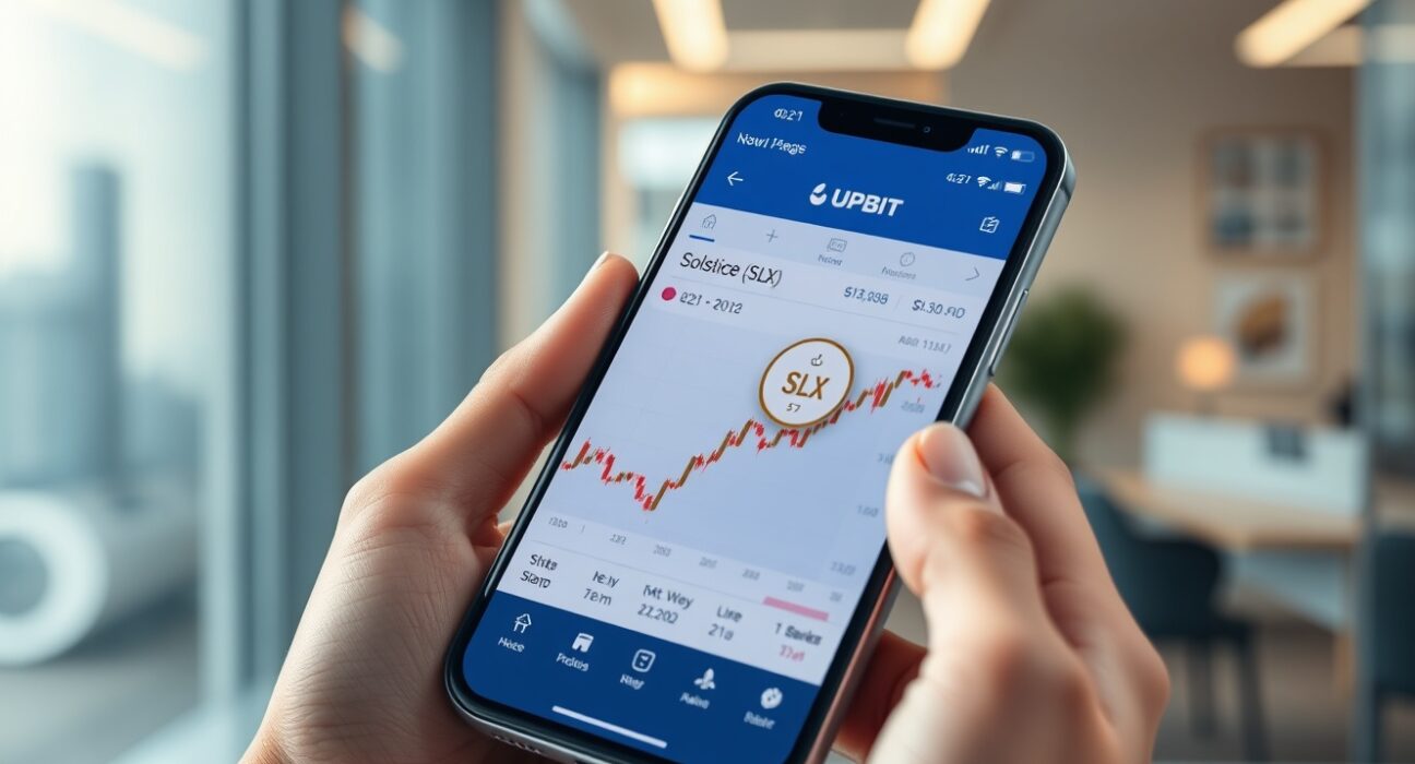 Upbit exchange interface on a smartphone displaying Solstice (SLX) token trading pair.