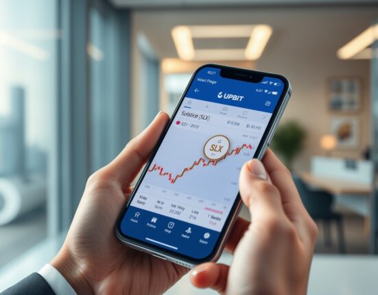 Upbit exchange interface on a smartphone displaying Solstice (SLX) token trading pair.