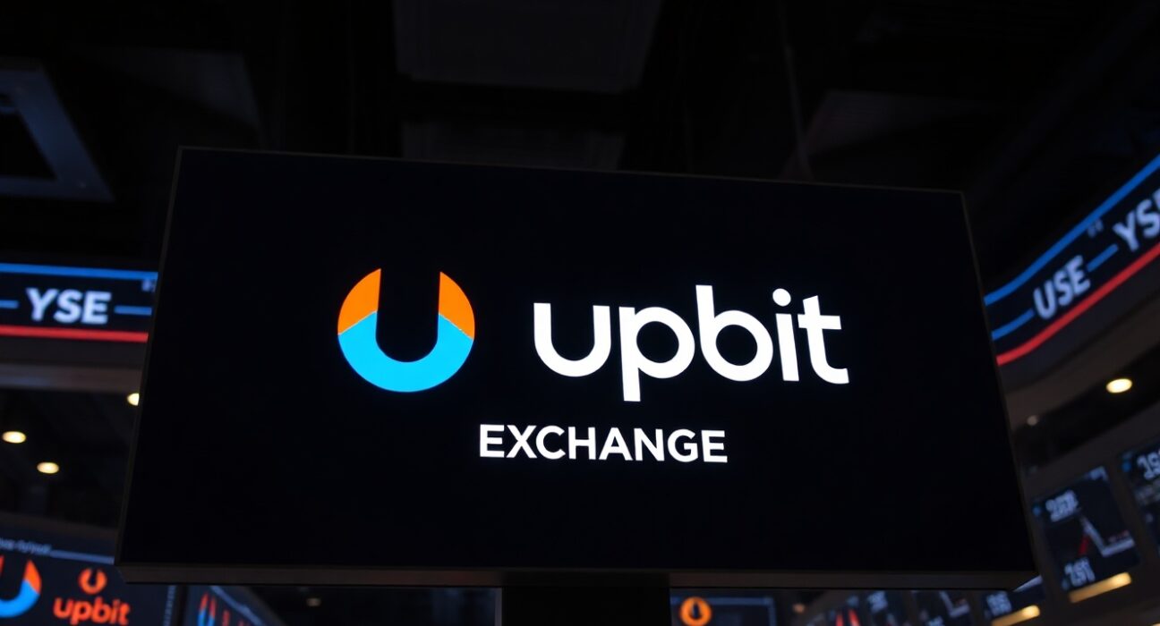Upbit exchange logo on a digital display board in a trading environment