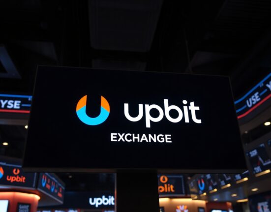 Upbit exchange logo on a digital display board in a trading environment