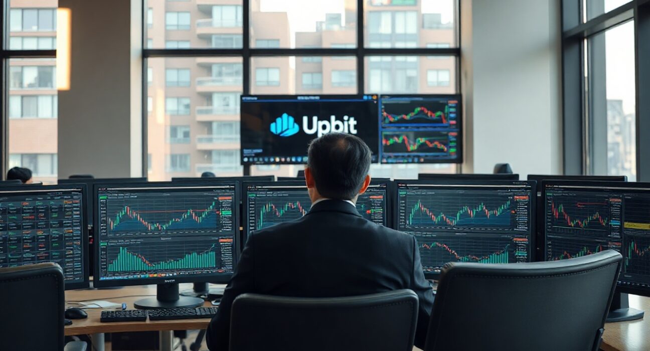Trading screens showing cryptocurrency charts in a Seoul trading room