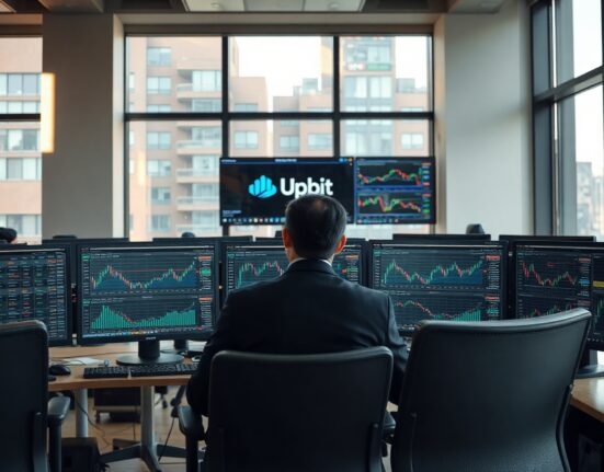Trading screens showing cryptocurrency charts in a Seoul trading room