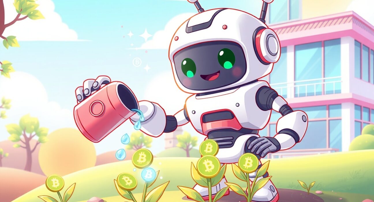 A vibrant cartoon illustrating the growth and nurturing of the WET token on the Upbit exchange platform.