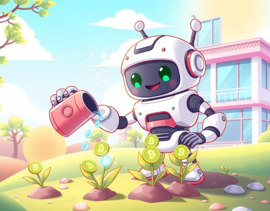 A vibrant cartoon illustrating the growth and nurturing of the WET token on the Upbit exchange platform.