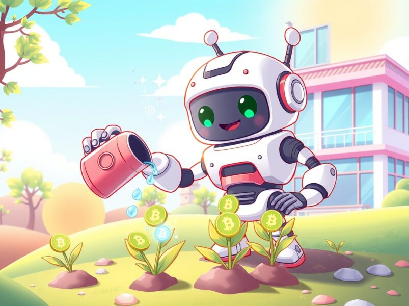 A vibrant cartoon illustrating the growth and nurturing of the WET token on the Upbit exchange platform.