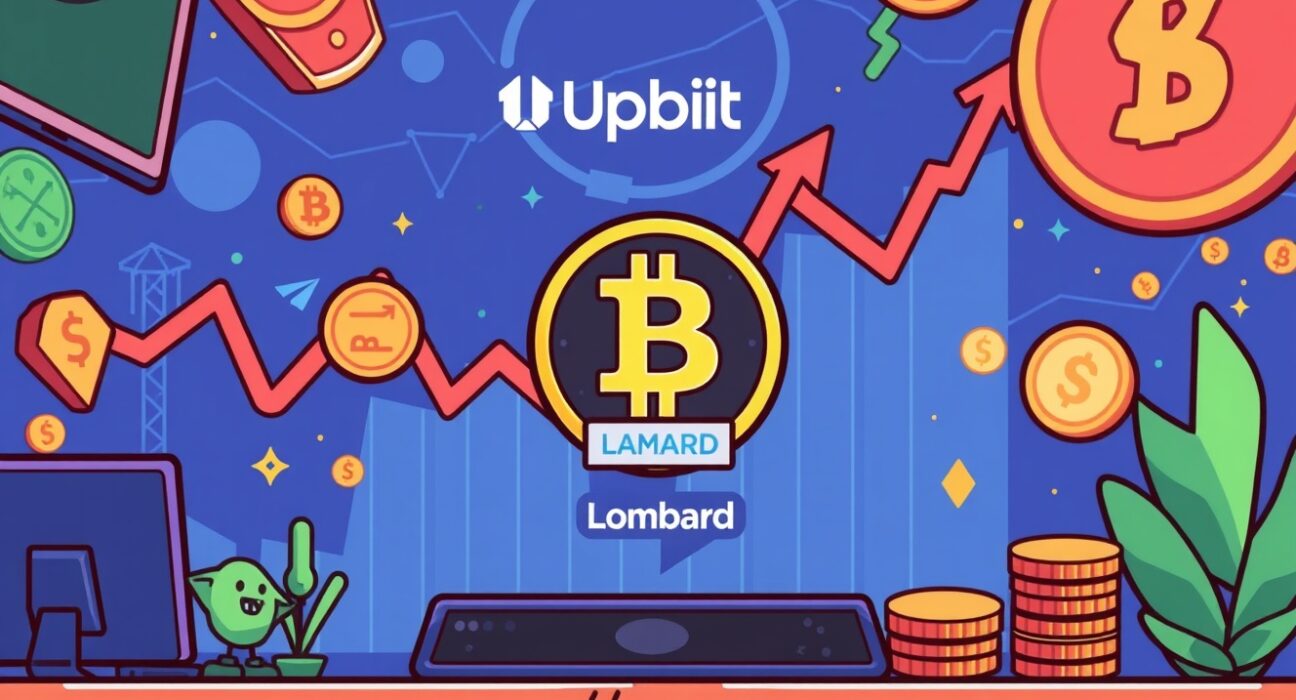 A cartoon illustration depicting the excitement around the Upbit Lombard listing, showing a new coin appearing on a trading screen.