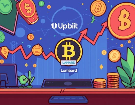 A cartoon illustration depicting the excitement around the Upbit Lombard listing, showing a new coin appearing on a trading screen.