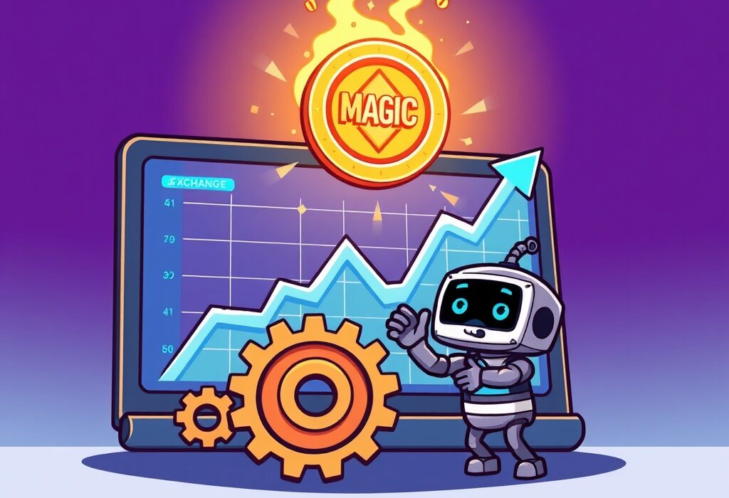 A cartoon robot adjusting gears, symbolizing Upbit's crucial update to the MAGIC crypto supply schedule.