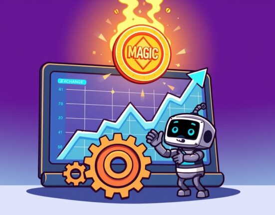 A cartoon robot adjusting gears, symbolizing Upbit's crucial update to the MAGIC crypto supply schedule.