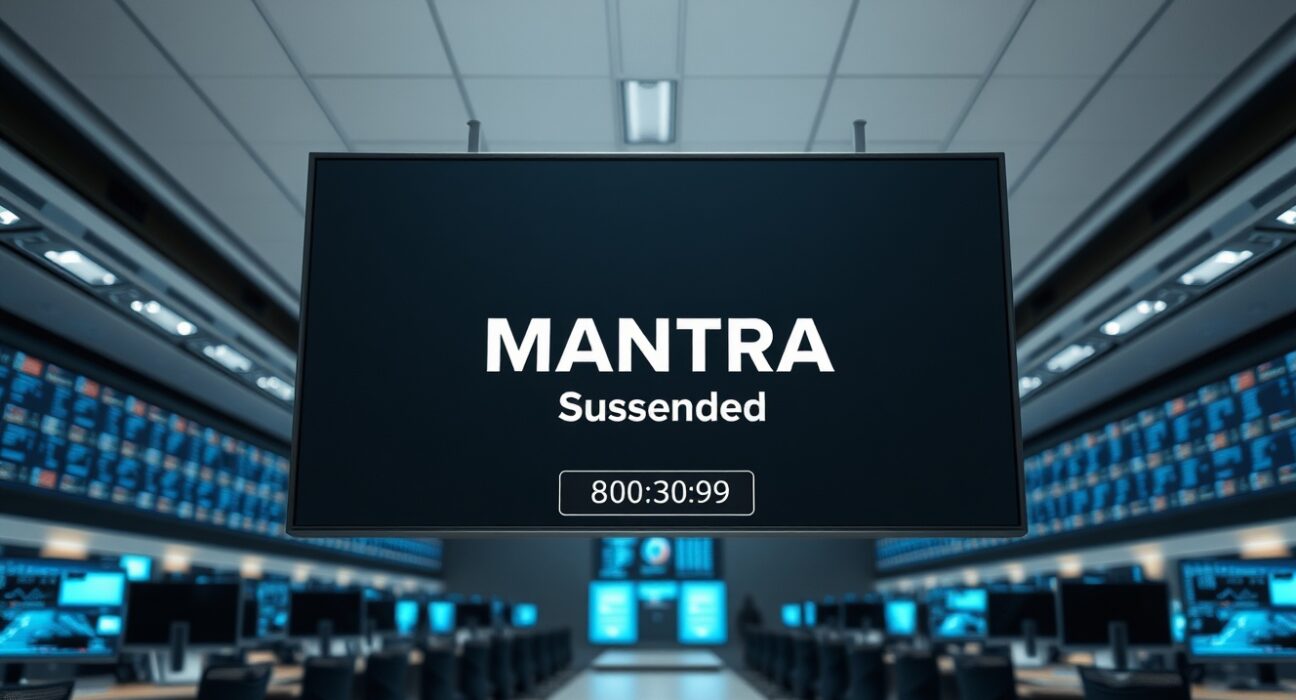 Upbit exchange interface showing MANTRA suspension notice for network upgrade on April 29.