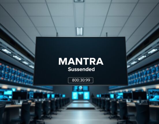 Upbit exchange interface showing MANTRA suspension notice for network upgrade on April 29.