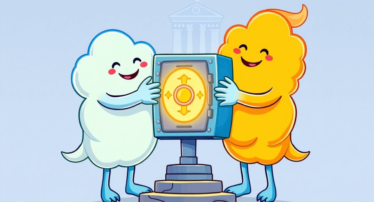 Upbit data backup strategy illustrated by two cloud giants securing a digital vault.