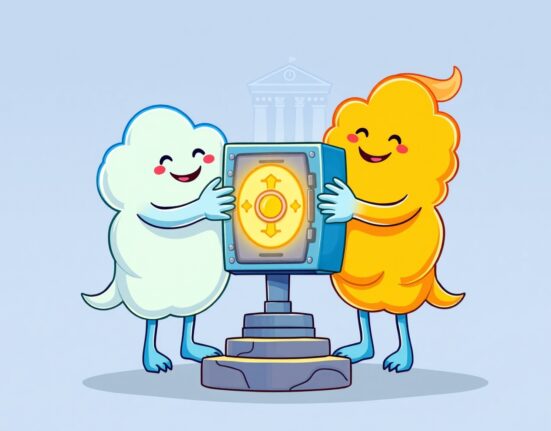 Upbit data backup strategy illustrated by two cloud giants securing a digital vault.