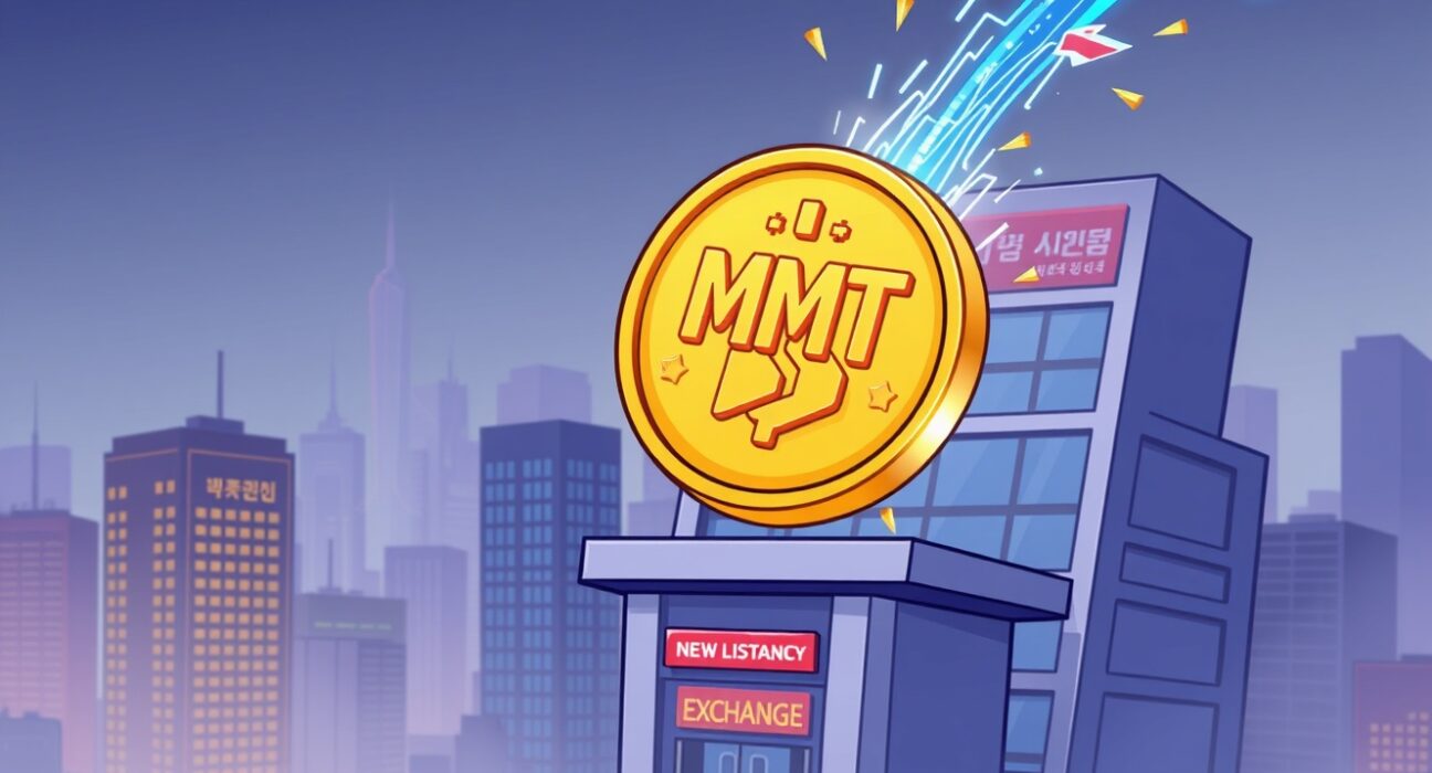 A cartoon illustration showing the Upbit MMT listing of Momentum (MMT) coin, symbolizing its launch onto a major exchange.