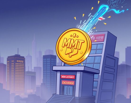 A cartoon illustration showing the Upbit MMT listing of Momentum (MMT) coin, symbolizing its launch onto a major exchange.
