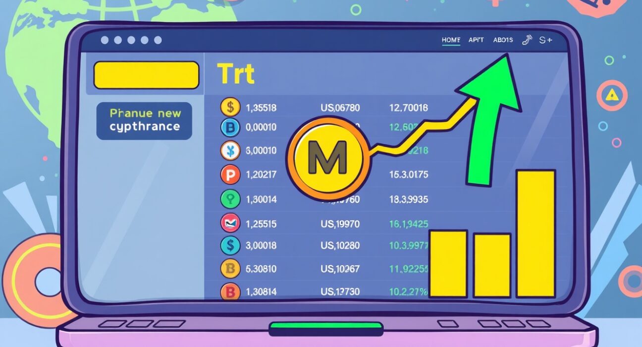A vibrant cartoon illustration showing the exciting Upbit MMT listing announcement on a digital exchange platform.
