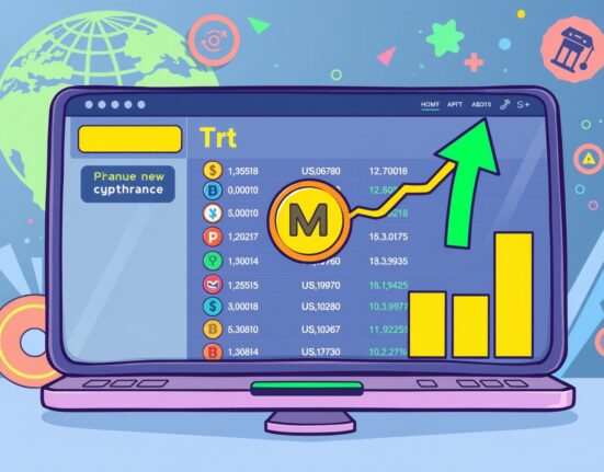 A vibrant cartoon illustration showing the exciting Upbit MMT listing announcement on a digital exchange platform.