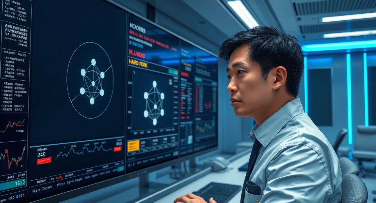 Cryptocurrency exchange technician monitoring Monad blockchain hard fork preparations at Upbit operations center