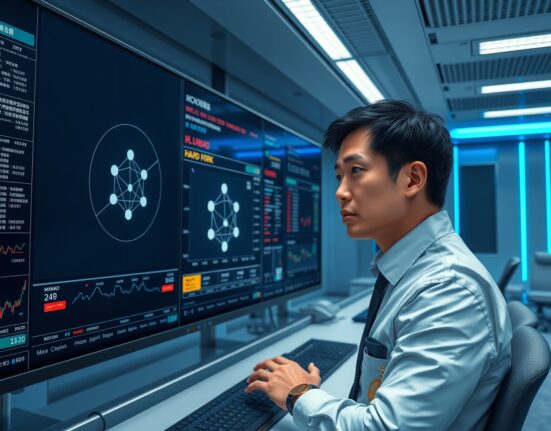 Cryptocurrency exchange technician monitoring Monad blockchain hard fork preparations at Upbit operations center