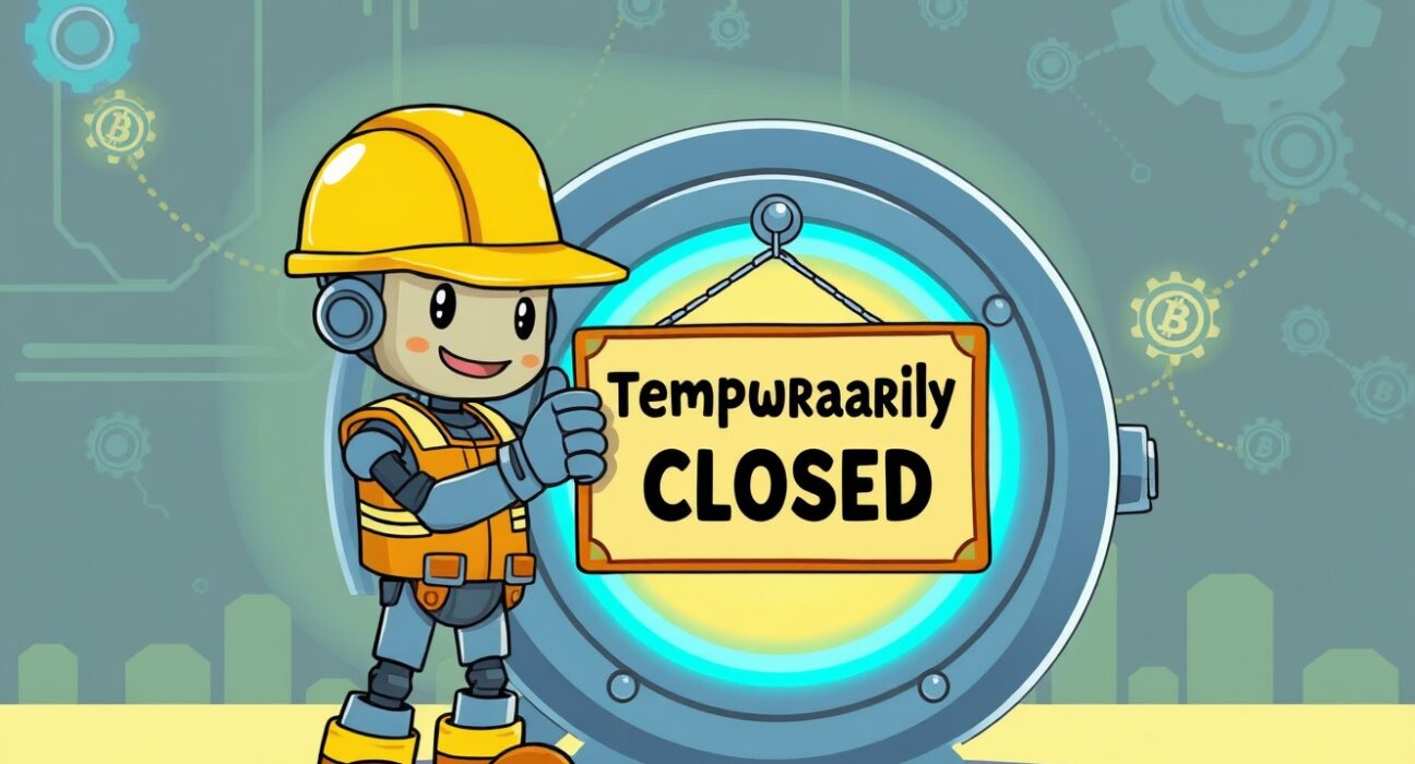 Cartoon illustration explaining the temporary Upbit NEAR suspension for a network upgrade.