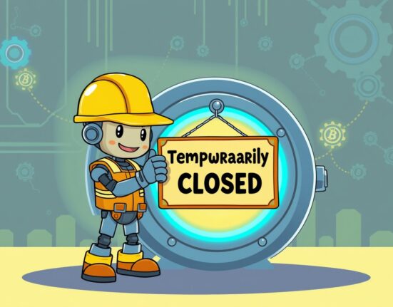 Cartoon illustration explaining the temporary Upbit NEAR suspension for a network upgrade.