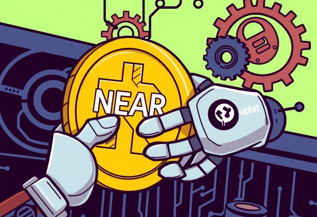 A cartoon illustration of Upbit temporarily pausing NEAR deposits for a network upgrade, emphasizing smooth transitions.