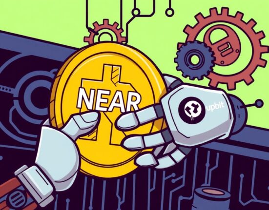 A cartoon illustration of Upbit temporarily pausing NEAR deposits for a network upgrade, emphasizing smooth transitions.