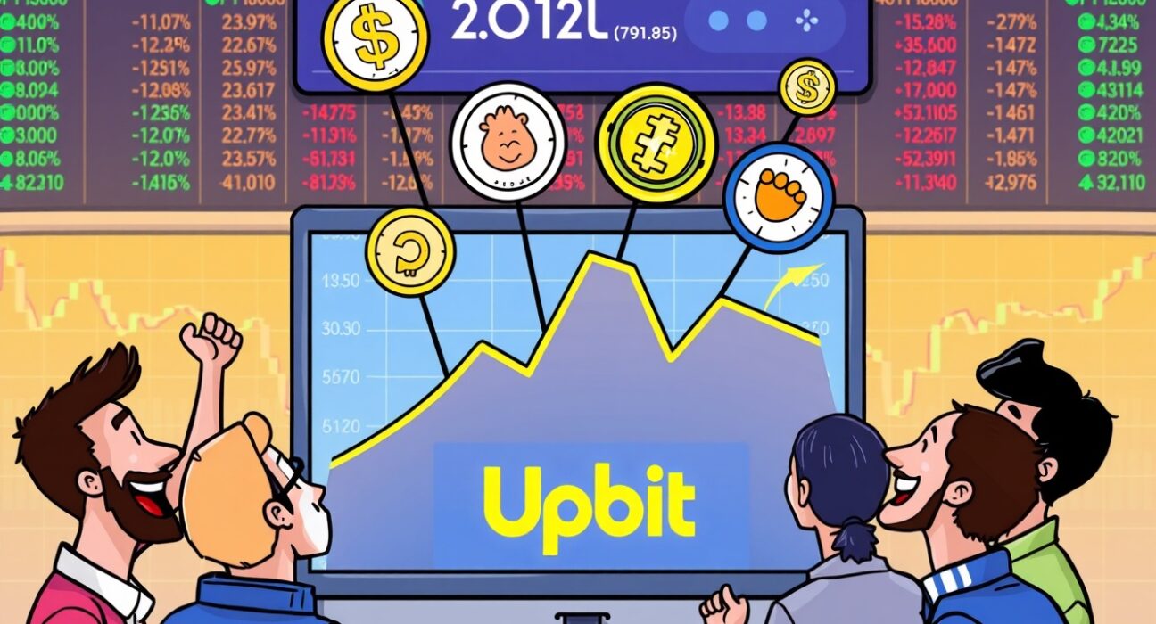 Cartoon showing new cryptocurrencies joining the Upbit exchange, highlighting the arrival of Upbit new listings for traders.