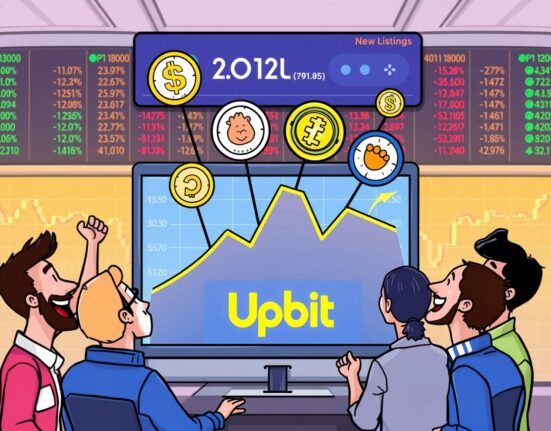 Cartoon showing new cryptocurrencies joining the Upbit exchange, highlighting the arrival of Upbit new listings for traders.