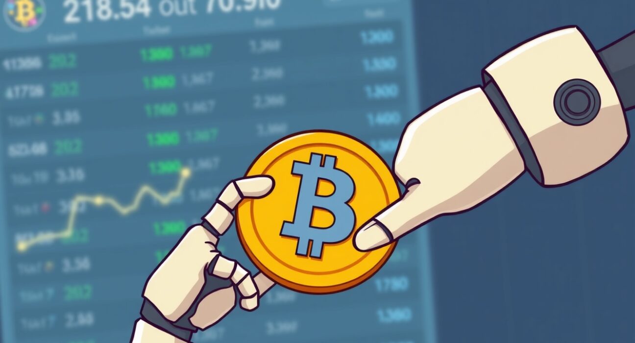 An illustration of a robot hand pausing a digital coin, symbolizing the Upbit OM suspension for Mantra (OM) due to a network upgrade.