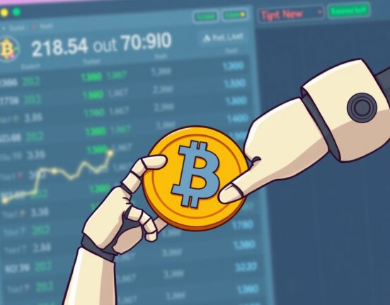 An illustration of a robot hand pausing a digital coin, symbolizing the Upbit OM suspension for Mantra (OM) due to a network upgrade.