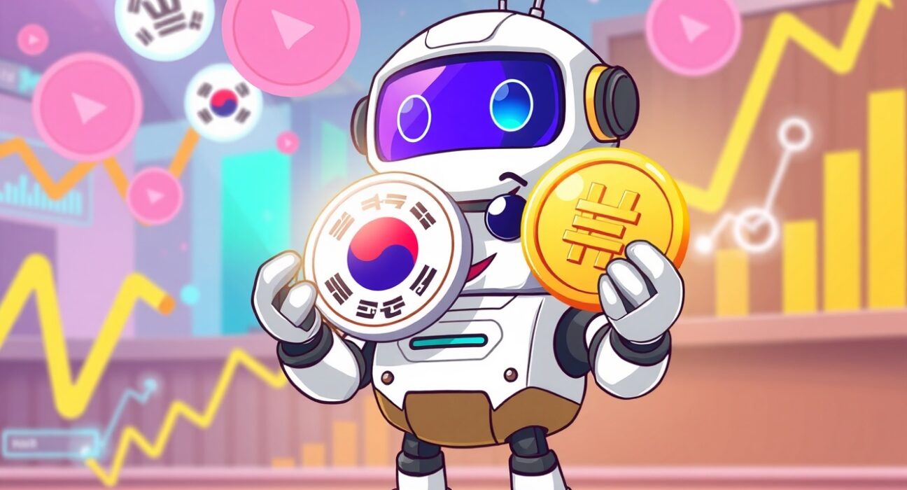 Upbit PLUME listing announcement with cartoon robot and digital coin in vibrant exchange setting