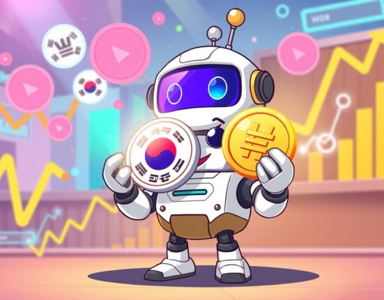Upbit PLUME listing announcement with cartoon robot and digital coin in vibrant exchange setting