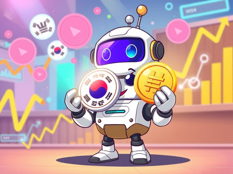 Upbit PLUME listing announcement with cartoon robot and digital coin in vibrant exchange setting