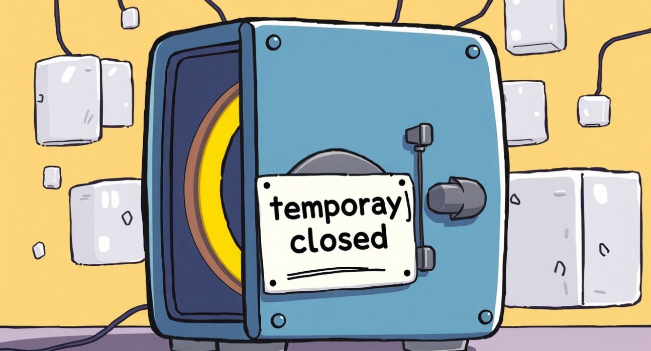 Cartoon illustration of a temporarily locked digital vault, symbolizing the suspension of POKT deposits and withdrawals on Upbit due to network issues.