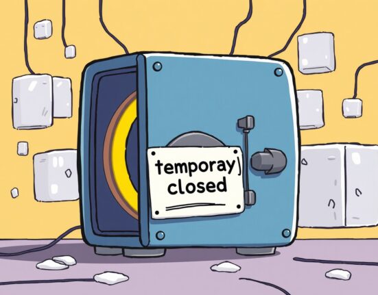 Cartoon illustration of a temporarily locked digital vault, symbolizing the suspension of POKT deposits and withdrawals on Upbit due to network issues.