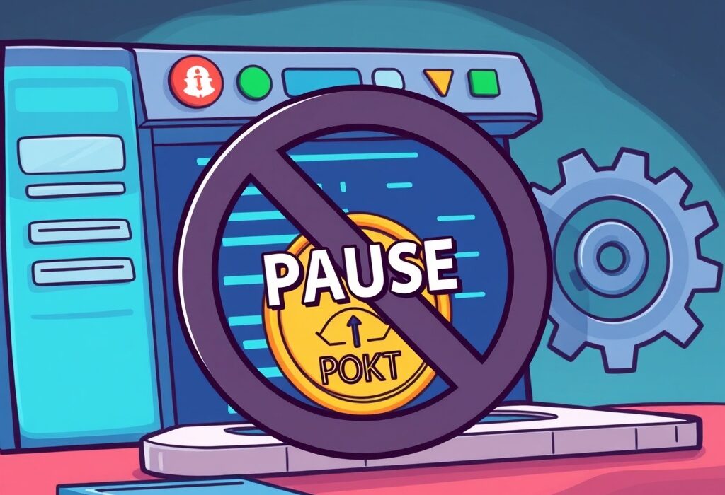 A cartoon illustration showing the Upbit POKT suspension due to a Pocket Network upgrade, emphasizing temporary service interruption.