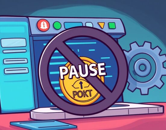 A cartoon illustration showing the Upbit POKT suspension due to a Pocket Network upgrade, emphasizing temporary service interruption.