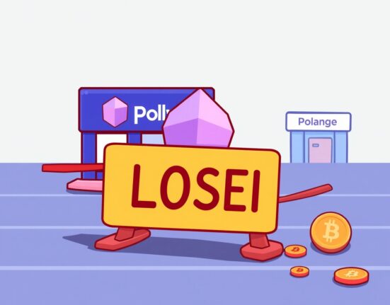 Cartoon showing a temporary halt of services on the Polygon network by Upbit, signifying a crucial hard fork upgrade.