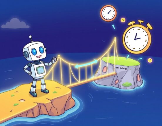 Upbit Polygon network suspension illustrated as a paused digital bridge between exchange and blockchain