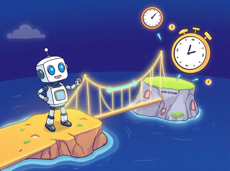 Upbit Polygon network suspension illustrated as a paused digital bridge between exchange and blockchain