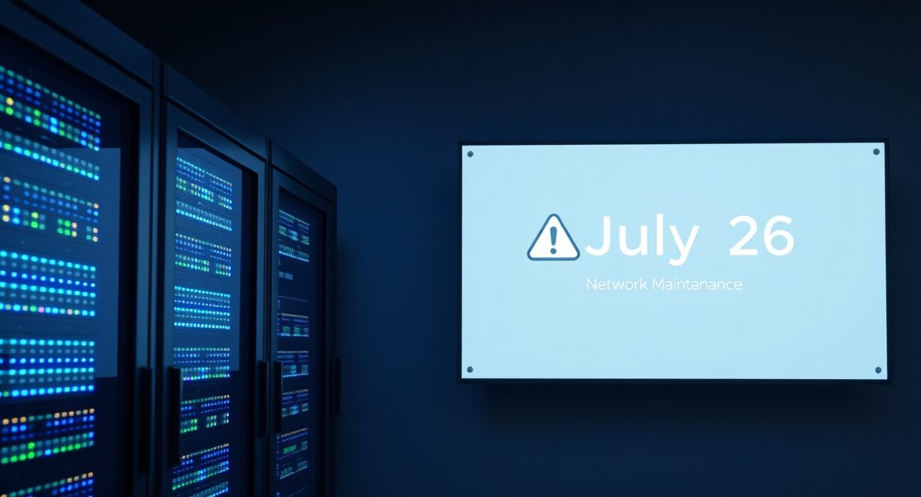 Upbit exchange server room with maintenance warning for PROS suspension on July 26