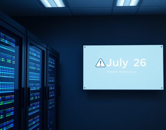 Upbit exchange server room with maintenance warning for PROS suspension on July 26