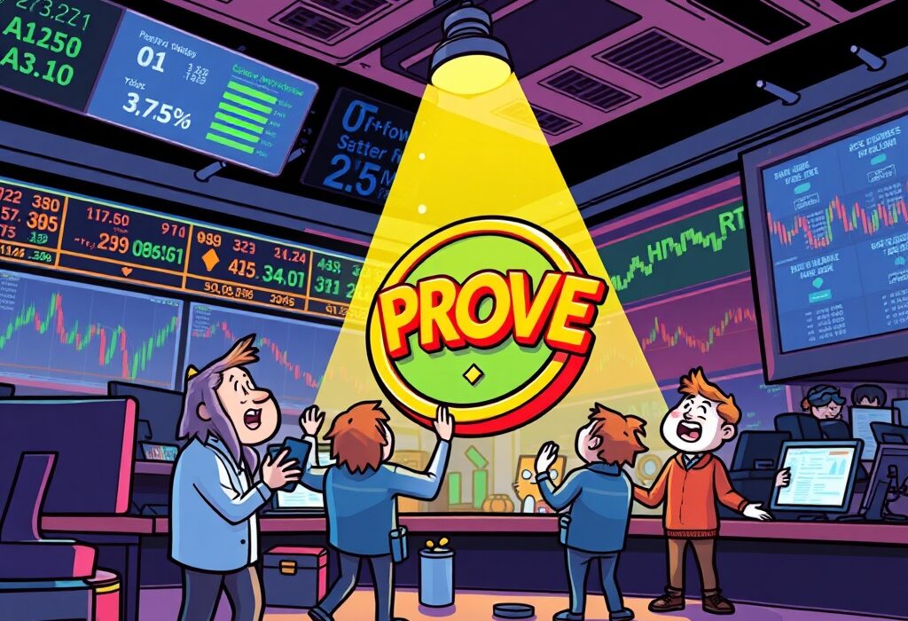 A cartoon illustration symbolizing the excitement around the Upbit PROVE listing on a crypto exchange, highlighting new trading opportunities.