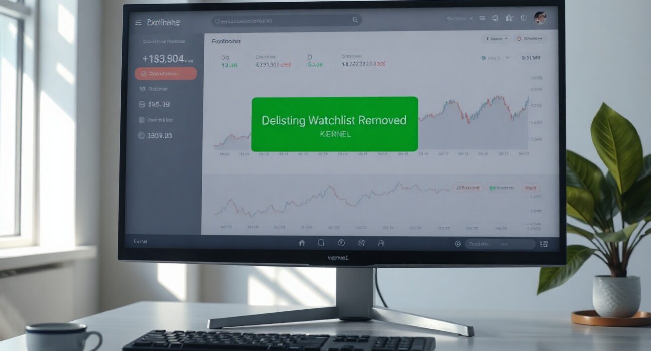 Cryptocurrency exchange dashboard showing KERNEL delisting watchlist removal notification