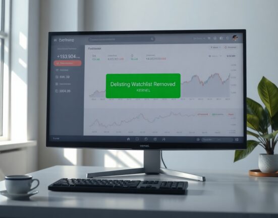 Cryptocurrency exchange dashboard showing KERNEL delisting watchlist removal notification
