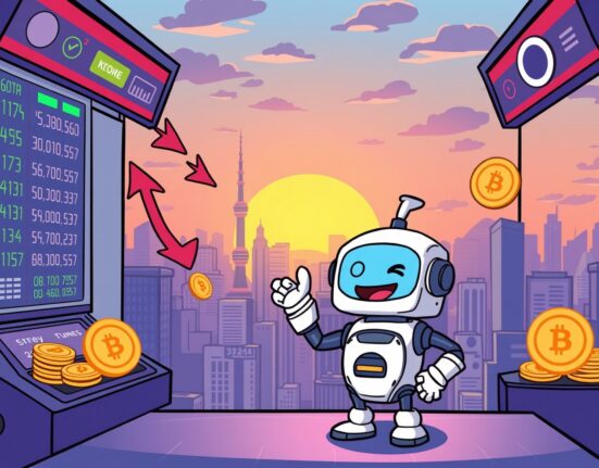 A cartoon robot happily processing digital tokens, symbolizing the smooth resumption of UXLINK withdrawals on a crypto exchange.
