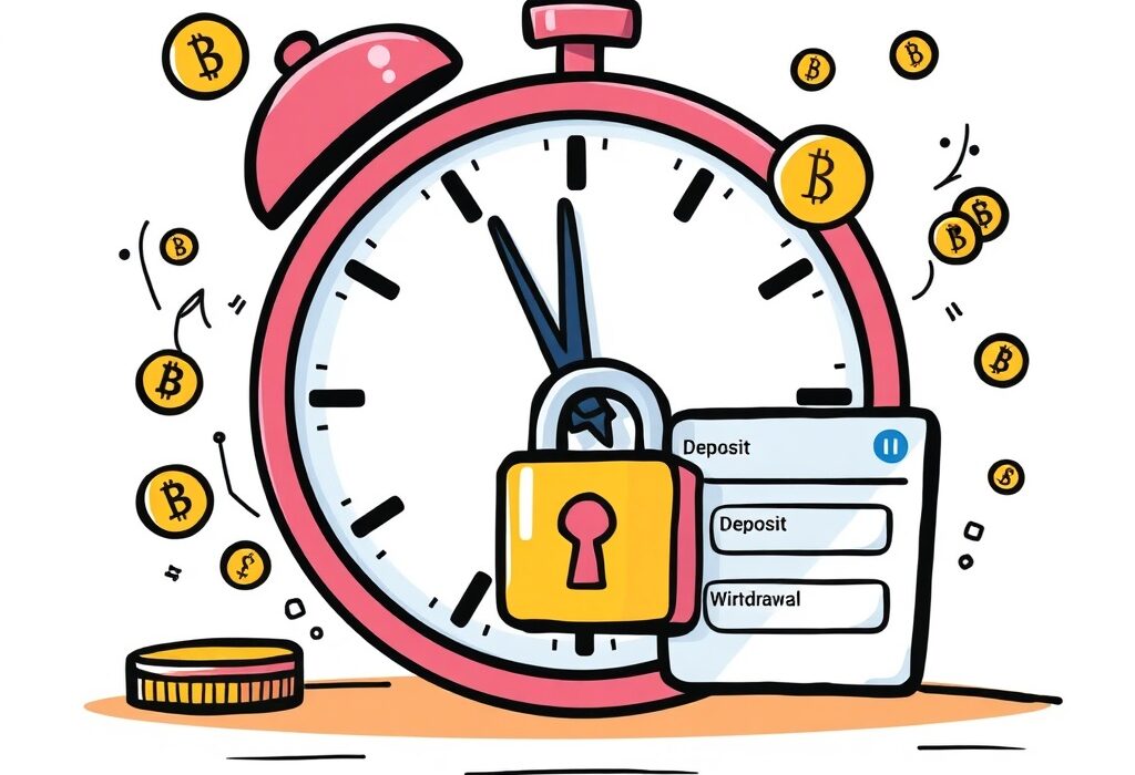 A cartoon illustration symbolizing the Upbit Scroll suspension, showing a temporary halt to crypto transactions for a network upgrade.